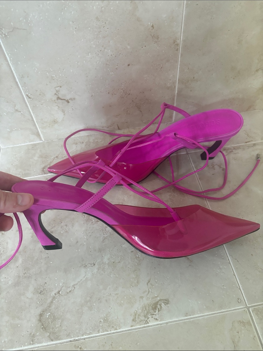 SCHUTZ Fuchsia Patent Pointed-Toe Lace-Up Mid Heels - Picture 1 of 4